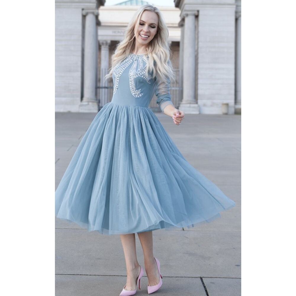 NEW ASOS DUSTY BLUE EMBELLISHED BOW LONG SLEEVE TULLE MIDI DRESS SIZE 0